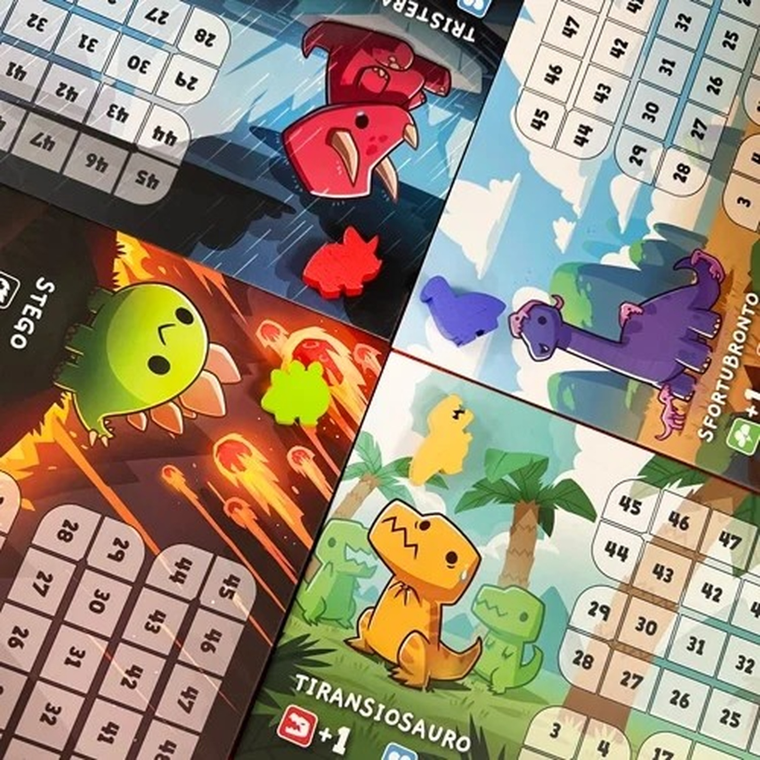 Tabellone di gioco con carte a tema dinosauri. Vengono visualizzate varie forme di dinosauri colorati.