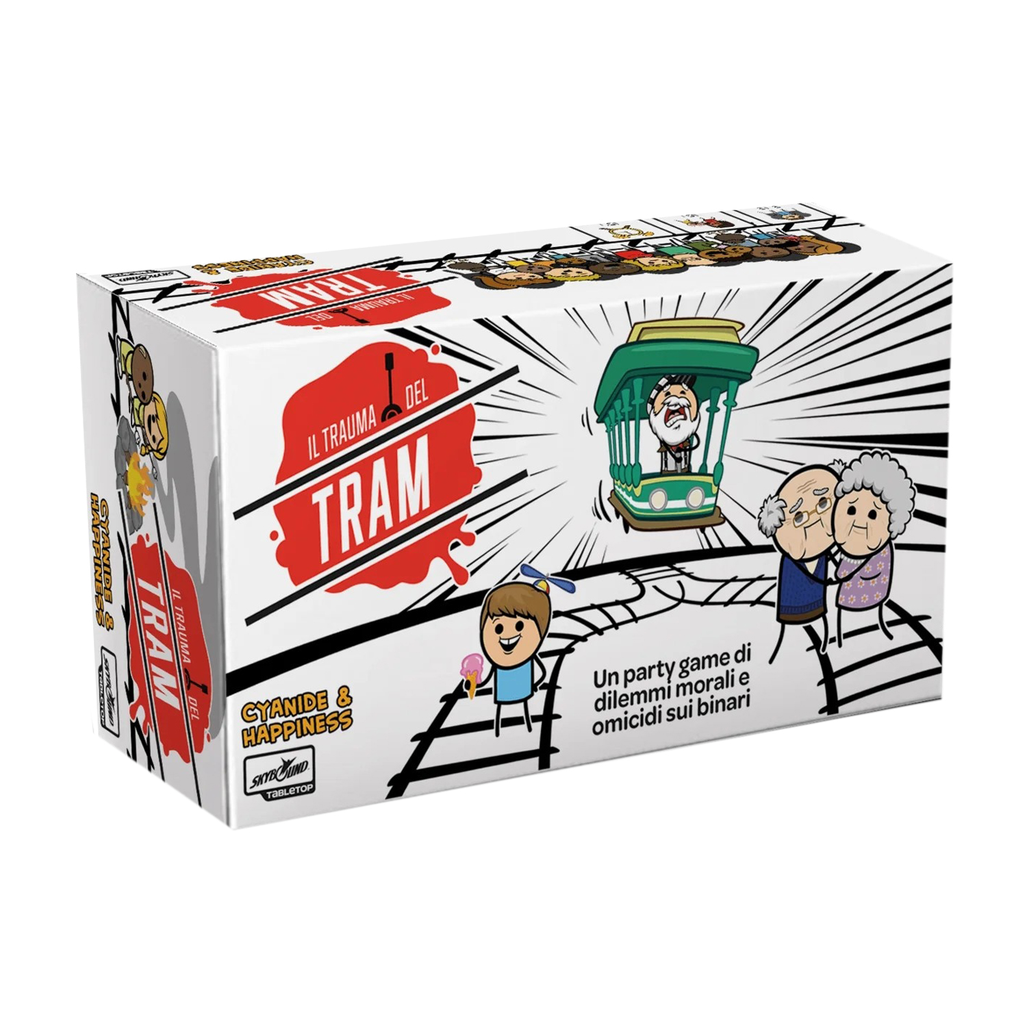 Scatola di gioco con un'illustrazione di tram. La scatola ha testo in italiano, con personaggi dei cartoni animati.
