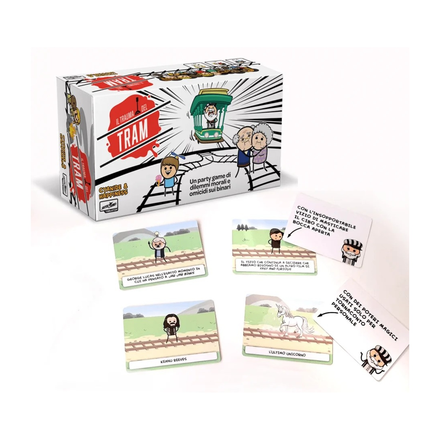 Scatola di gioco con immagini di cartoni animati, carte di gioco e testo in italiano. Le carte mostrano personaggi e testo.