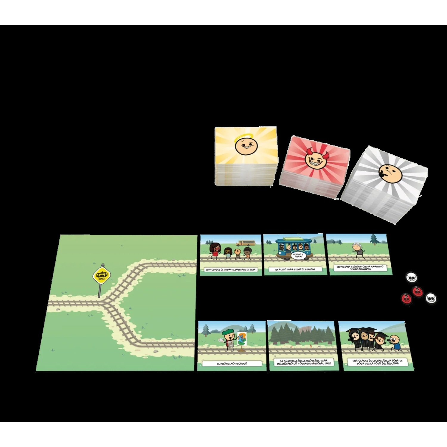Carte da gioco con facce di cartoni animati e un tabellone con un binario e un segnale.