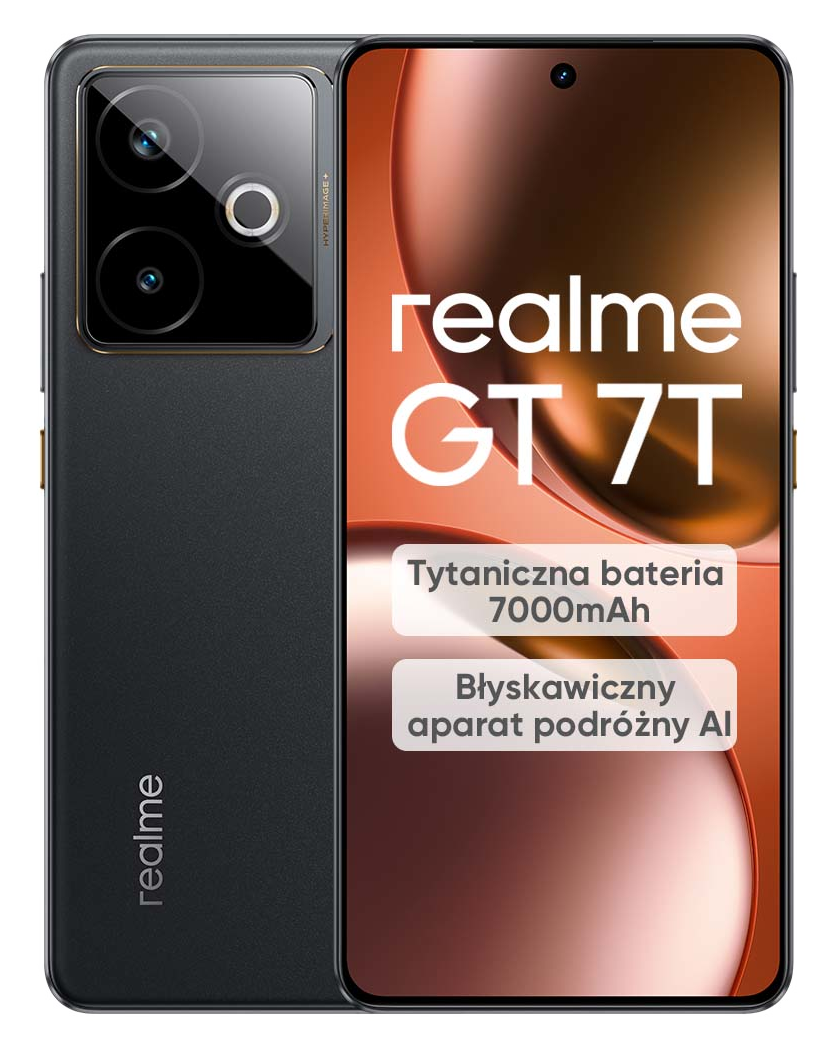 Telefon Realme GT 7T z tekstem na ekranie, białe tło.