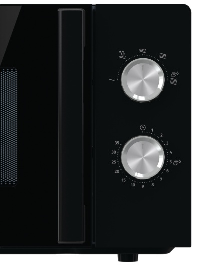 Zbliżenie na czarny panel sterowania kuchenki mikrofalowej z dwoma srebrnymi pokrętłami i drzwiami.