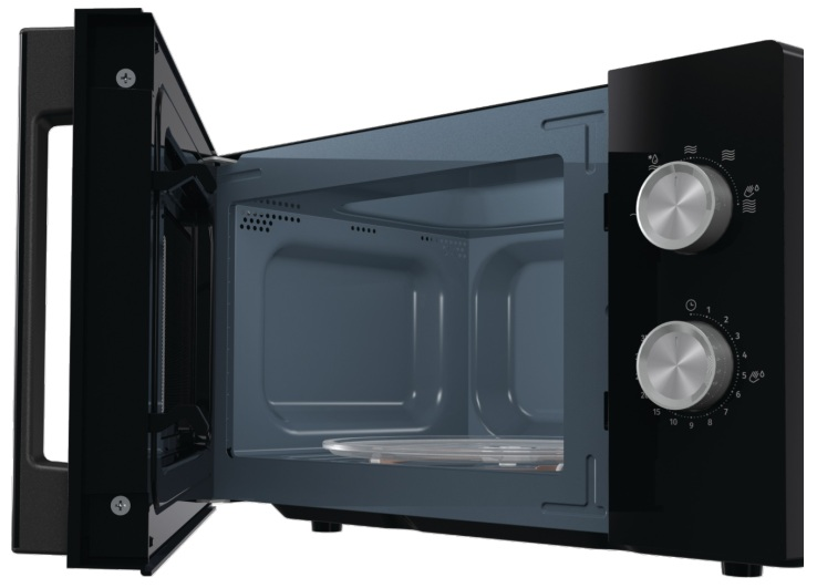 Czarna kuchenka mikrofalowa z otwartymi drzwiami, widoczne wnętrze ze szklanym talerzem. Niebieskie wnętrze.