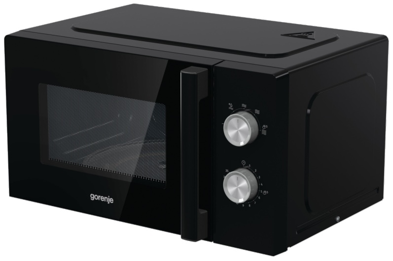 Czarna kuchenka mikrofalowa z pokrętłami i zamkniętymi drzwiami. Marka to 'gorenje'.