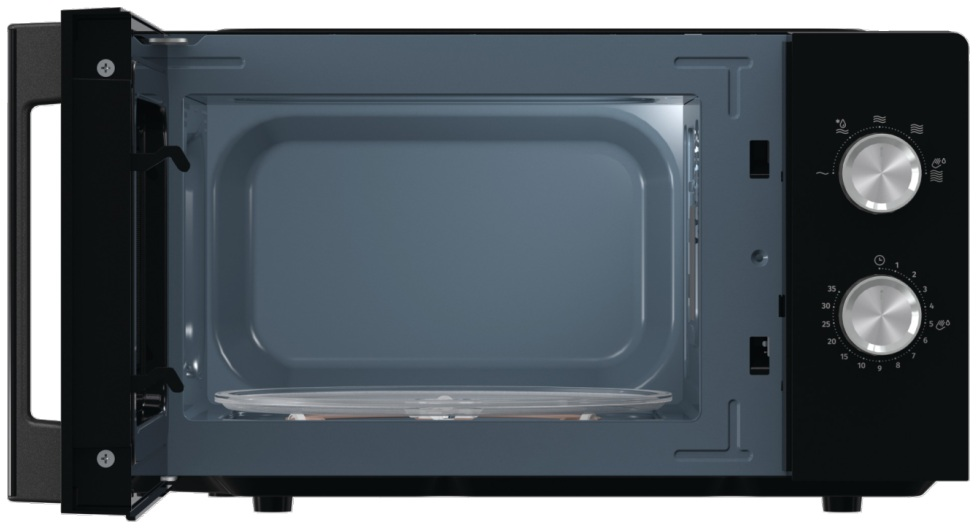 Czarna kuchenka mikrofalowa z otwartymi drzwiami, pokazująca szklany talerz i niebieskie wnętrze. Panel sterowania po prawej.