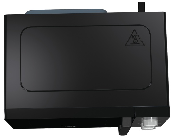 Widok z góry na czarną kuchenkę mikrofalową. Ma uchwyt i symbol ostrzegawczy na górze.