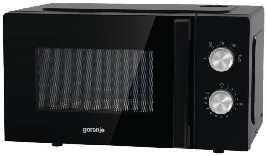 Czarna kuchenka mikrofalowa z pokrętłami i zamkniętymi drzwiami. Widoczna marka 'gorenje'.