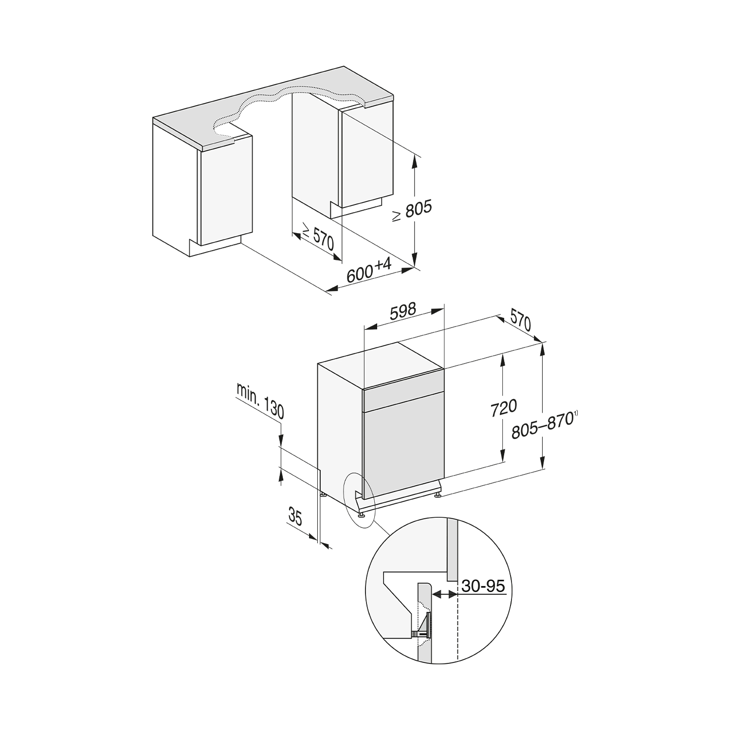 Disegno tecnico di una lavastoviglie con dimensioni ed etichette.