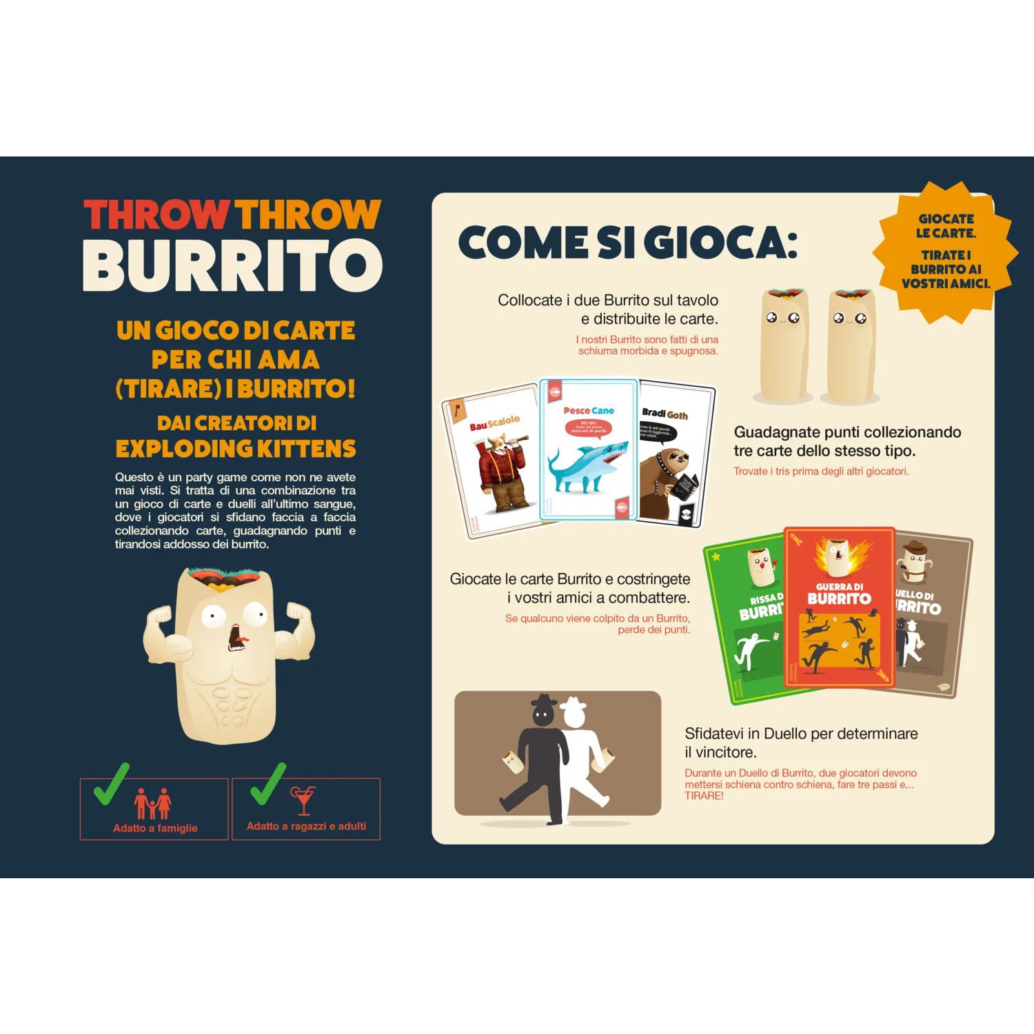 Istruzioni del gioco Throw Throw Burrito, con illustrazioni e testo.