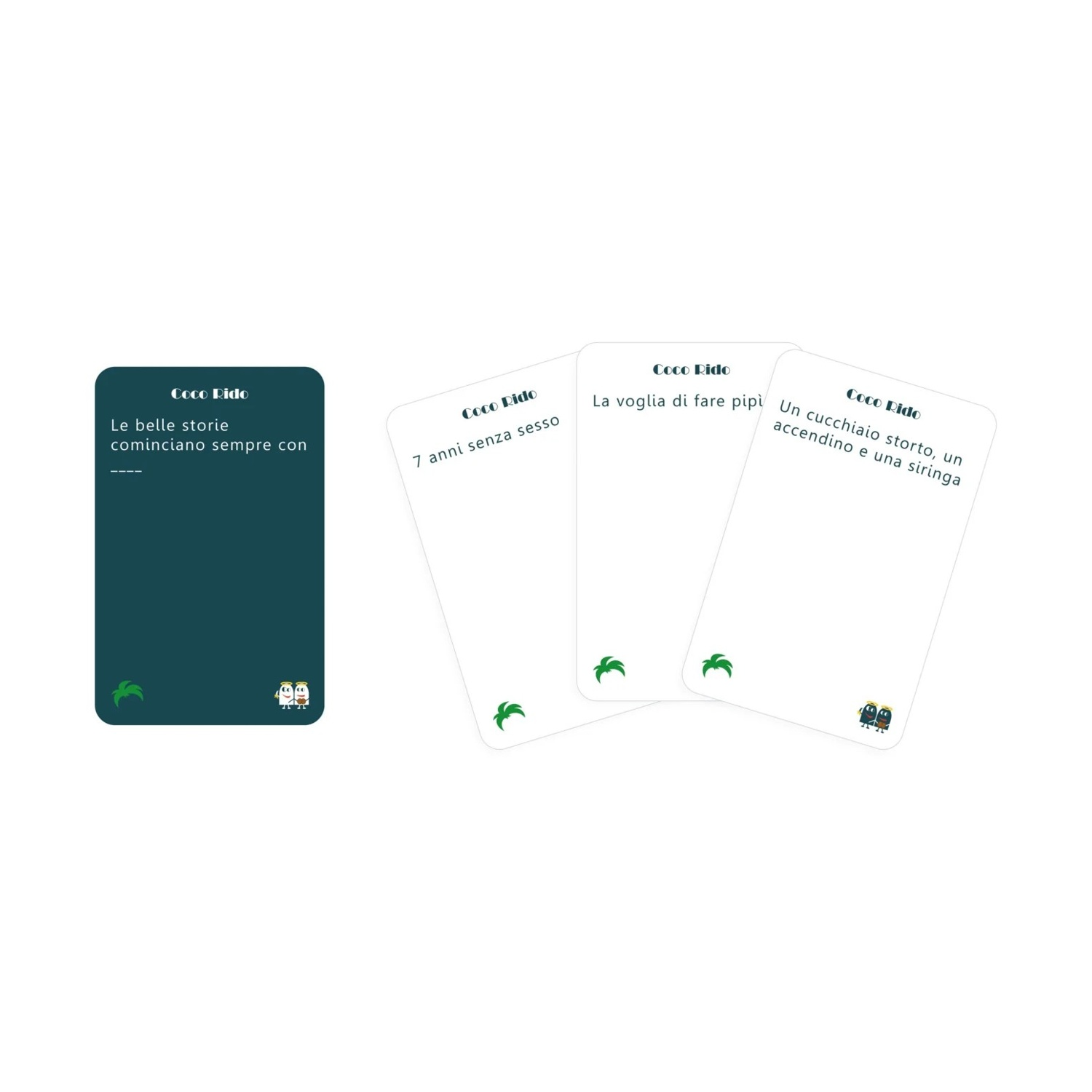 Tre carte da gioco con testo, insieme a una carta da gioco con logo.