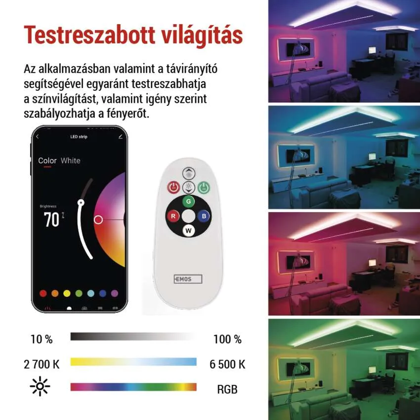 Okostelefon távirányítóval és különböző szobavilágítási példákkal.