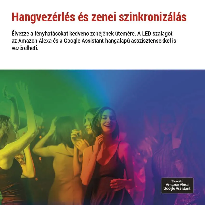 Táncoló emberek egy színes LED-es kijelző alatt. Szöveg a hangszinkronizálásról.