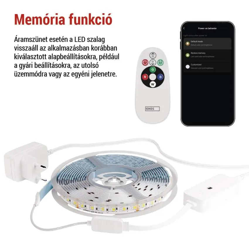 LED szalag a távirányítóval, és egy okostelefon szöveggel a memóriafunkcióról.