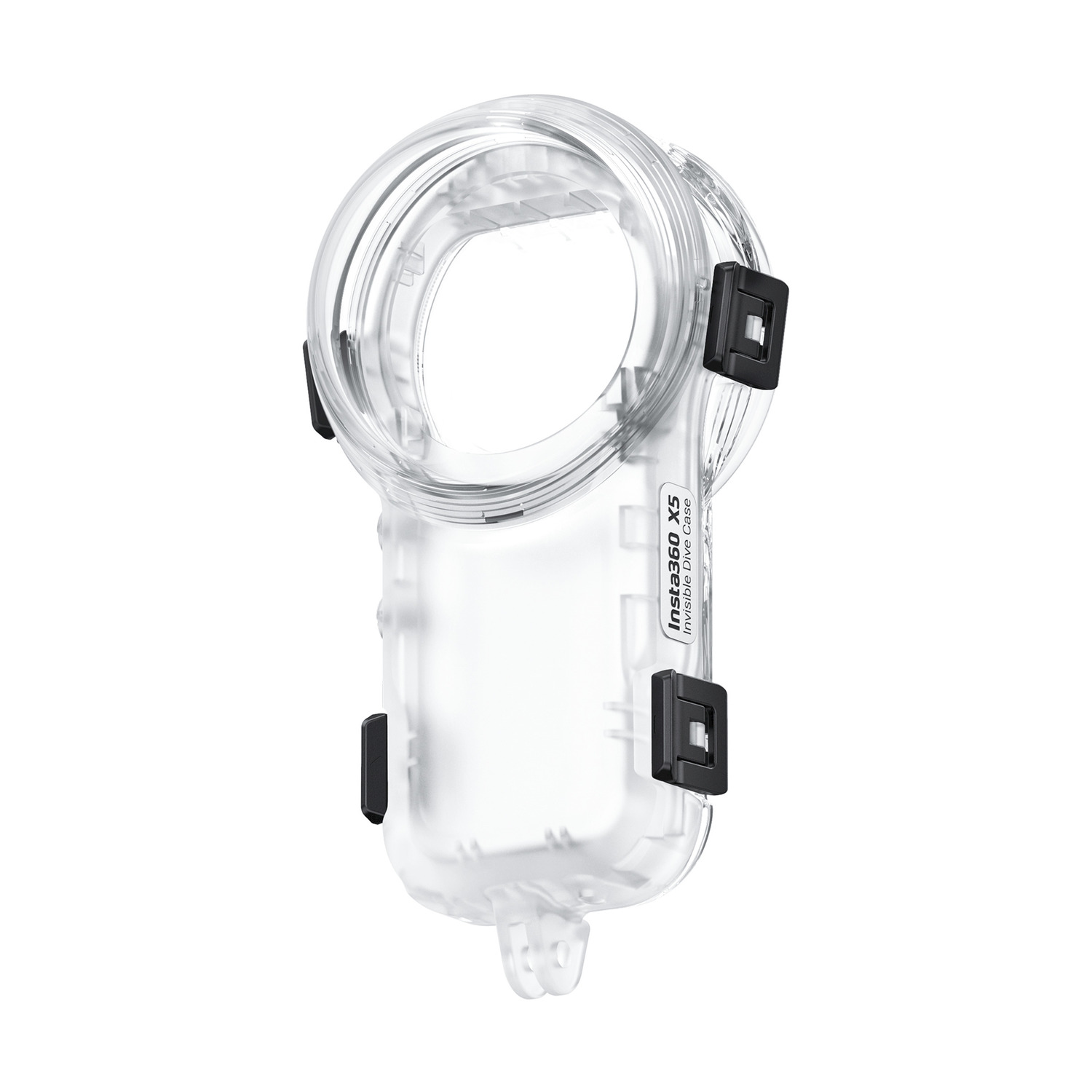 Custodia subacquea impermeabile trasparente Insta360 X5, con clip nere.