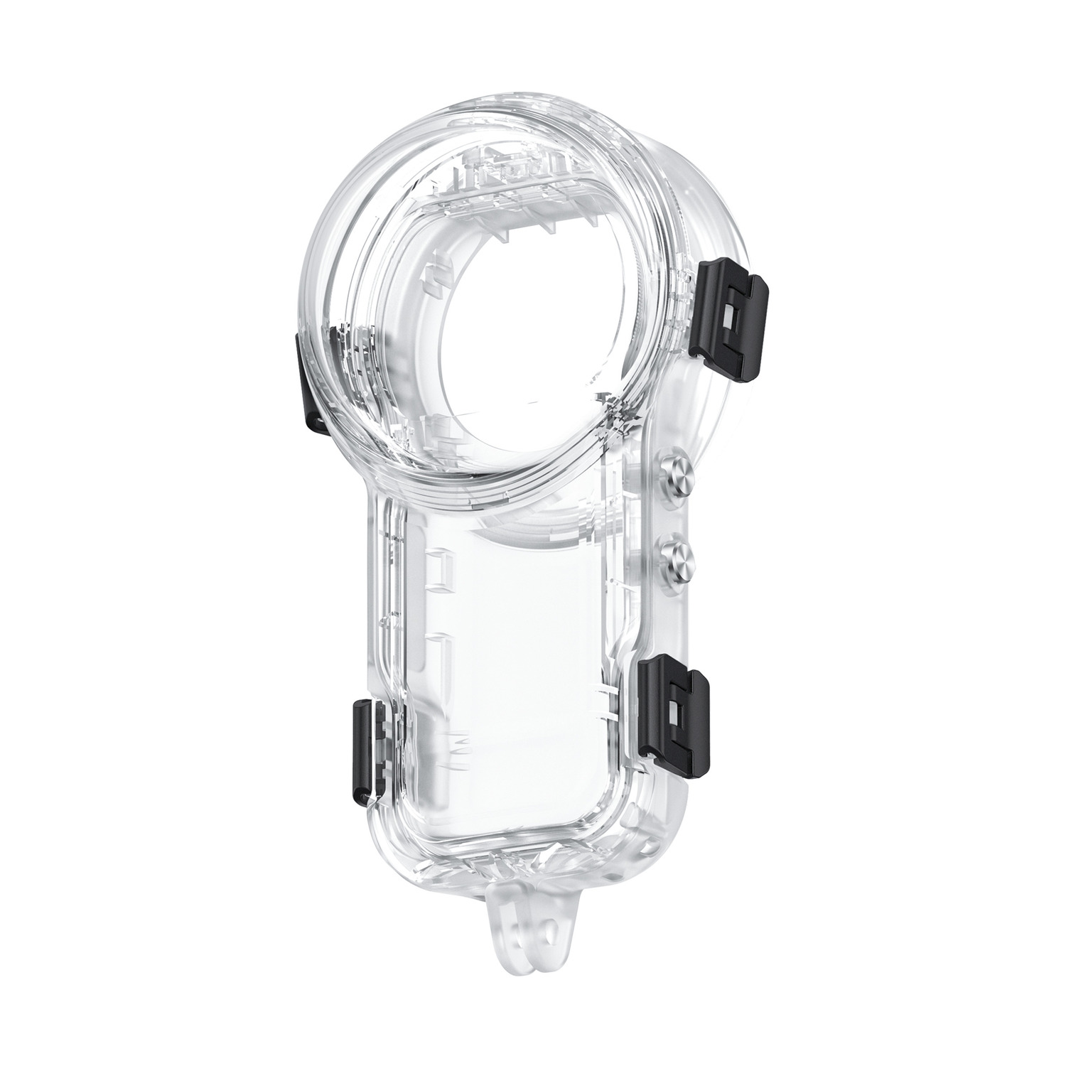 Custodia subacquea impermeabile trasparente Insta360 X5, con clip e pulsanti neri.