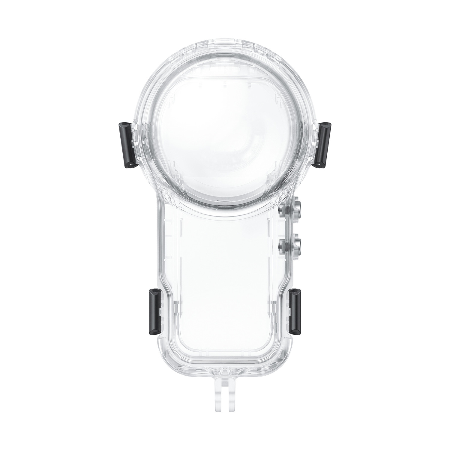 Custodia subacquea impermeabile trasparente Insta360 X5, con clip e pulsanti neri.