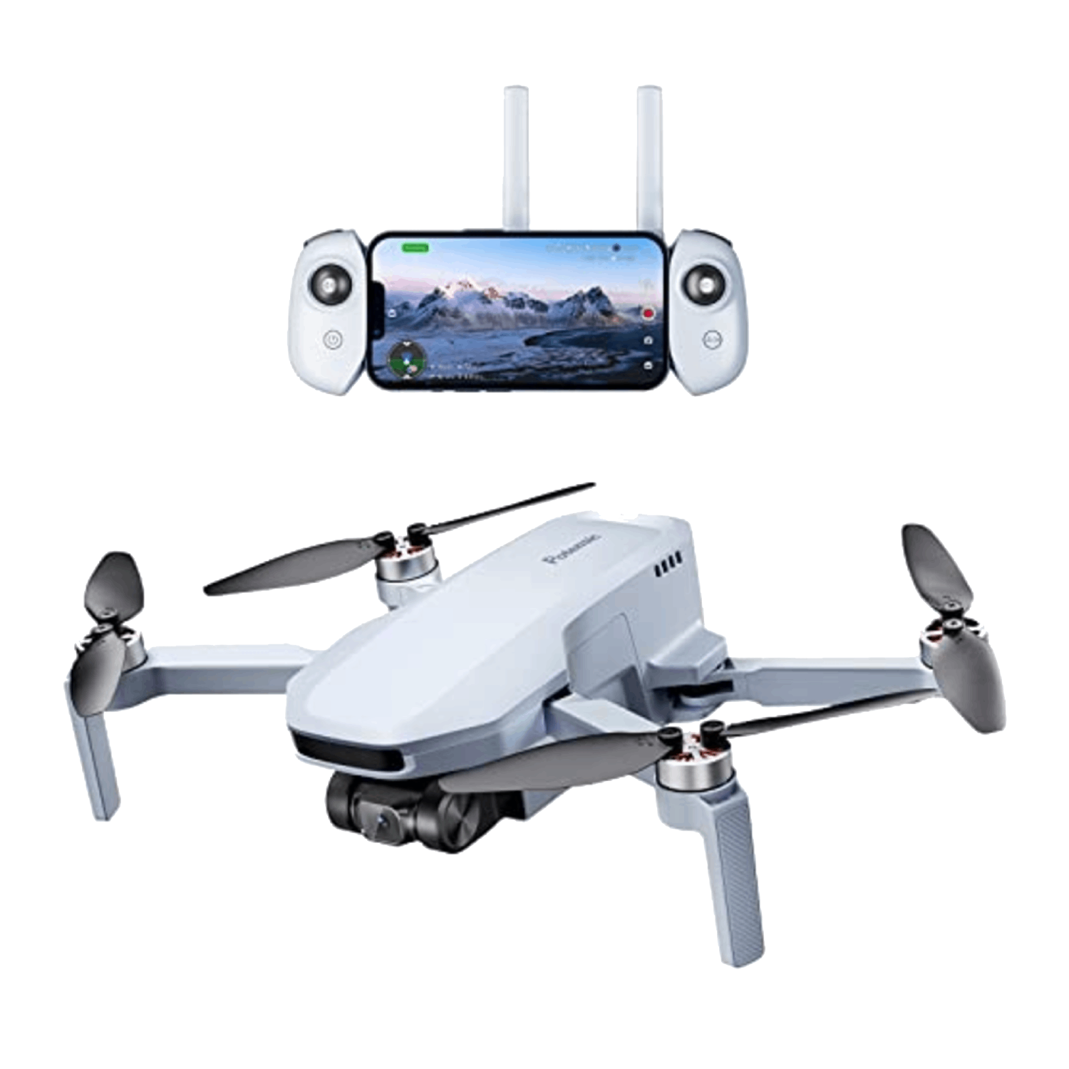 Drone et contrôleur blancs. Le contrôleur tient un téléphone affichant un paysage. Fond noir.