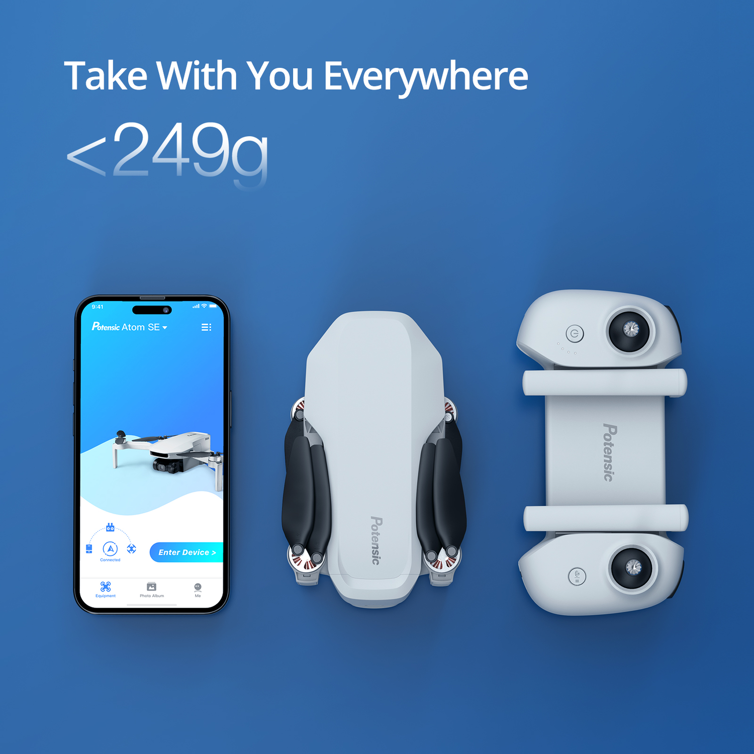 Drone et contrôleur sur fond bleu, texte indiquant à emporter partout avec vous, moins de 249 g.