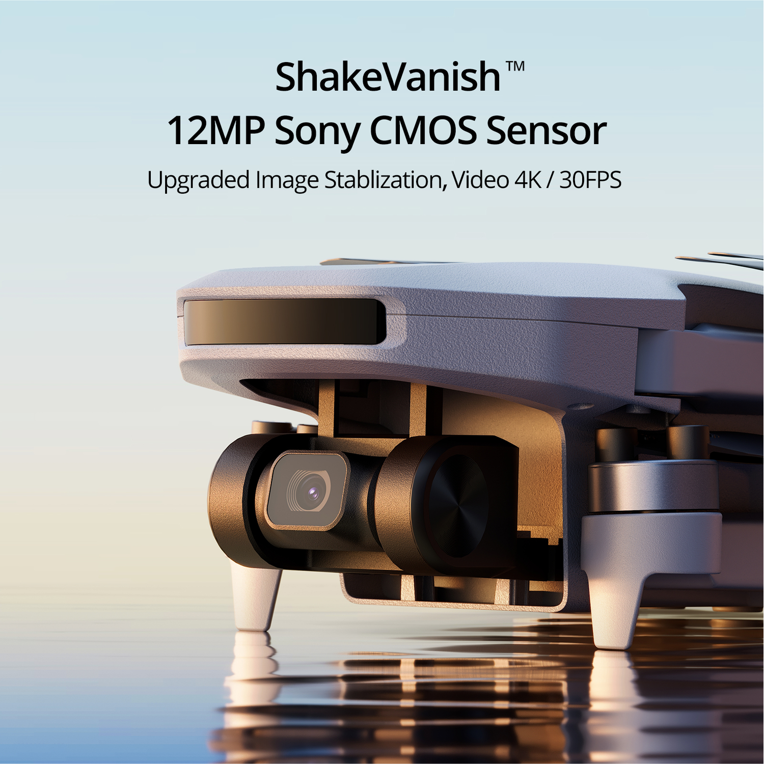 Gros plan sur la caméra du drone. Texte : ShakeVanish, capteur CMOS Sony 12MP et spécifications vidéo.