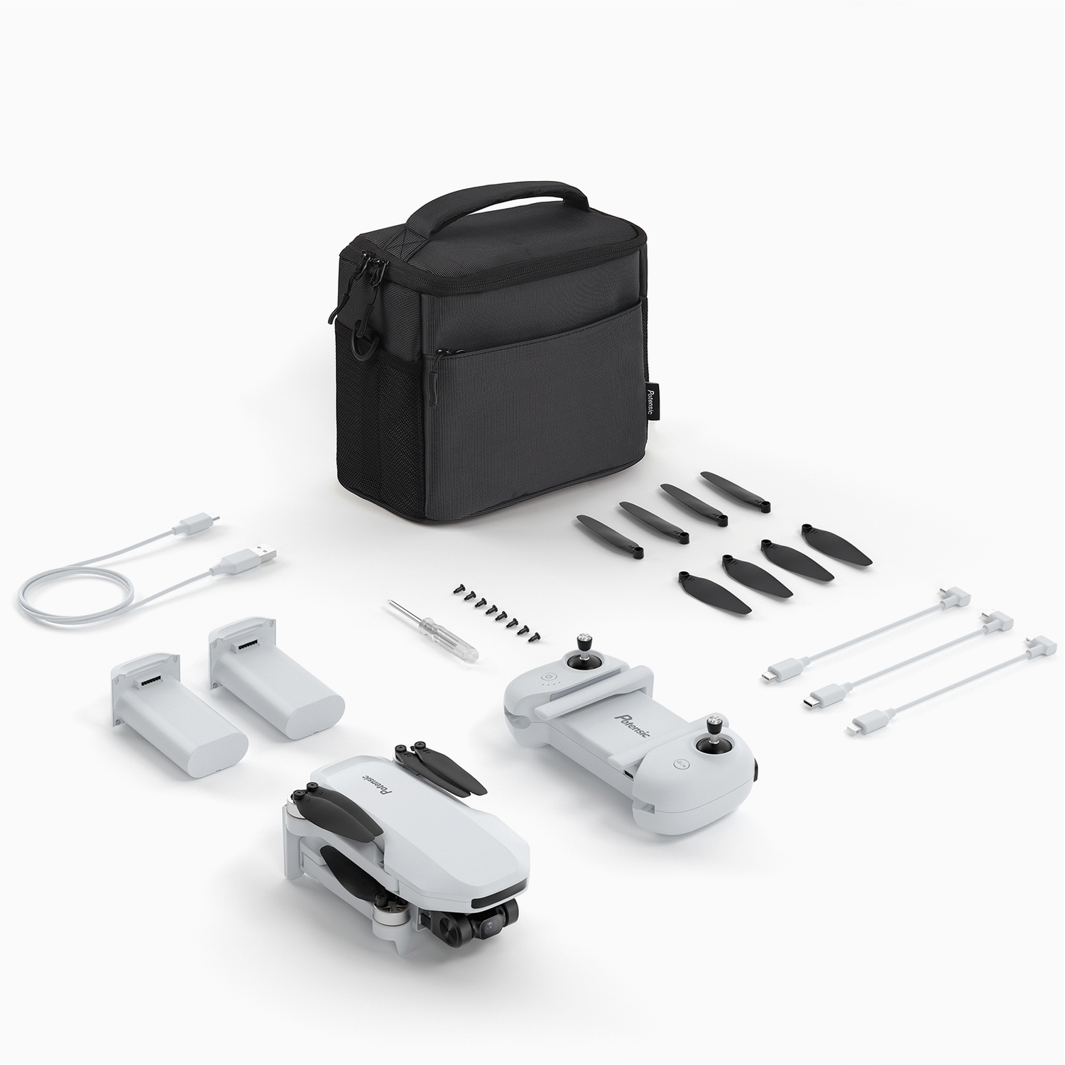 White foldable drone and accessories, including a carrying case and extra blades.