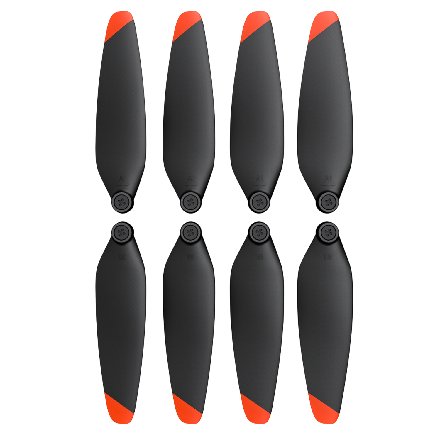 Huit hélices de drone noires avec des pointes orange. Chaque hélice a une petite vis argentée au centre.