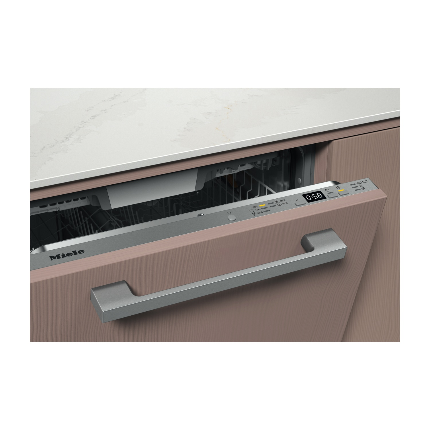 Primo piano del pannello di controllo di una lavastoviglie a incasso, con logo Miele e display.