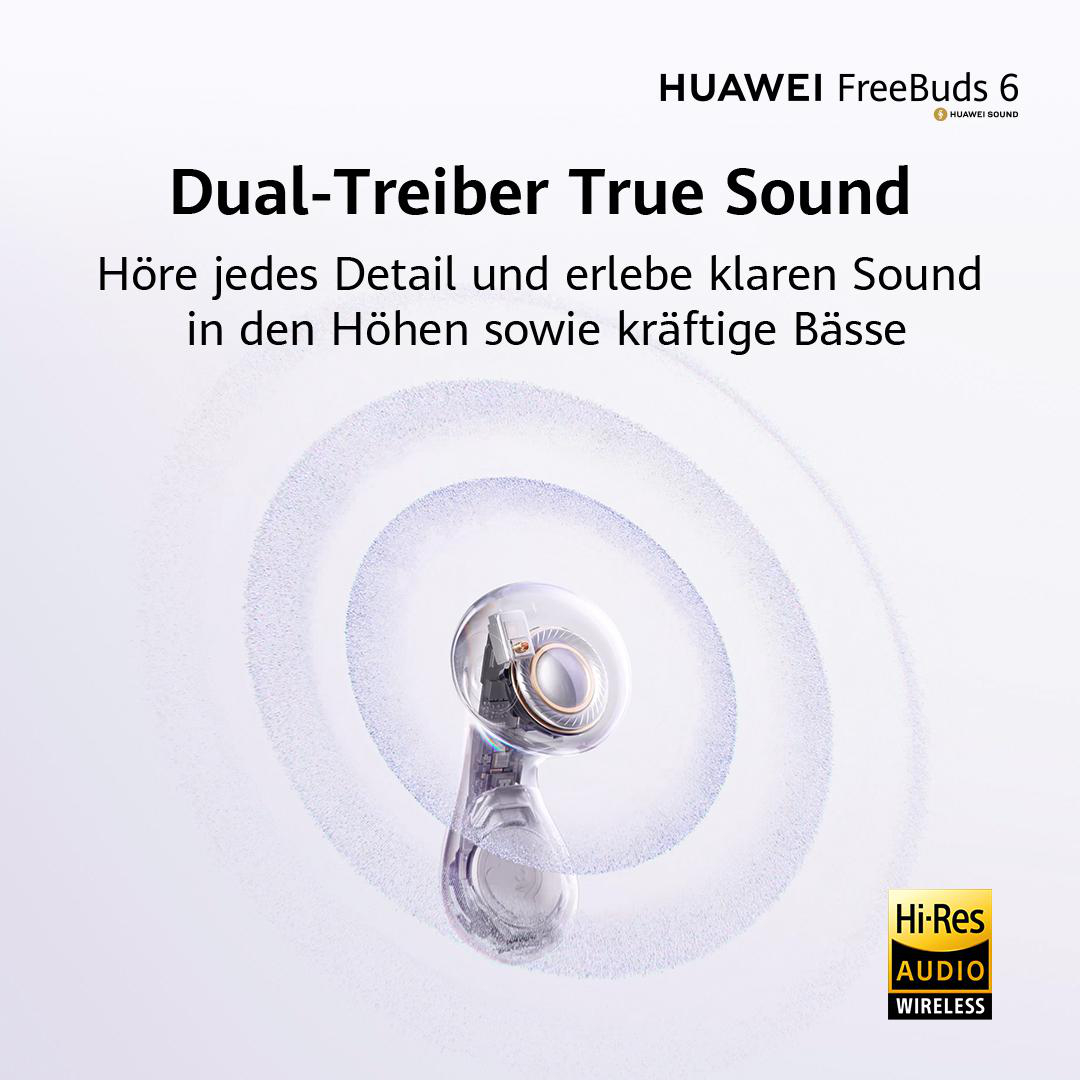 Ohrhörer mit Schnitt, der das Innere zeigt, weißer Hintergrund und Text über den Klang.