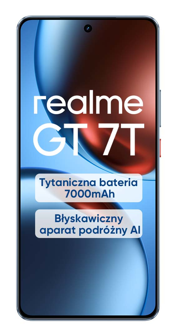 Telefon Realme GT 7T, pokazujący ekran z tekstem, niebieskim tłem i czerwonymi akcentami.