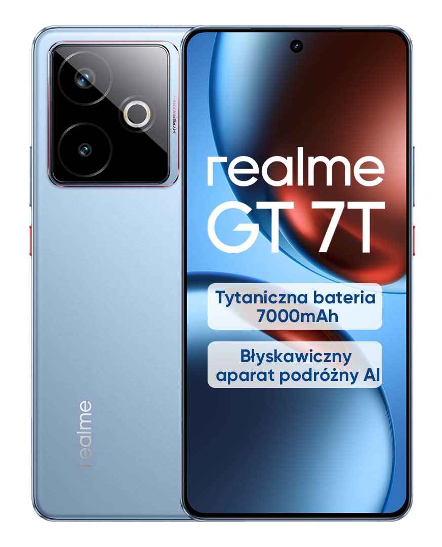 Niebieski telefon Realme GT 7T, widok z tyłu. Podwójny aparat i lampa błyskowa. Tekst: Titaniczna bateria 7000mAh.