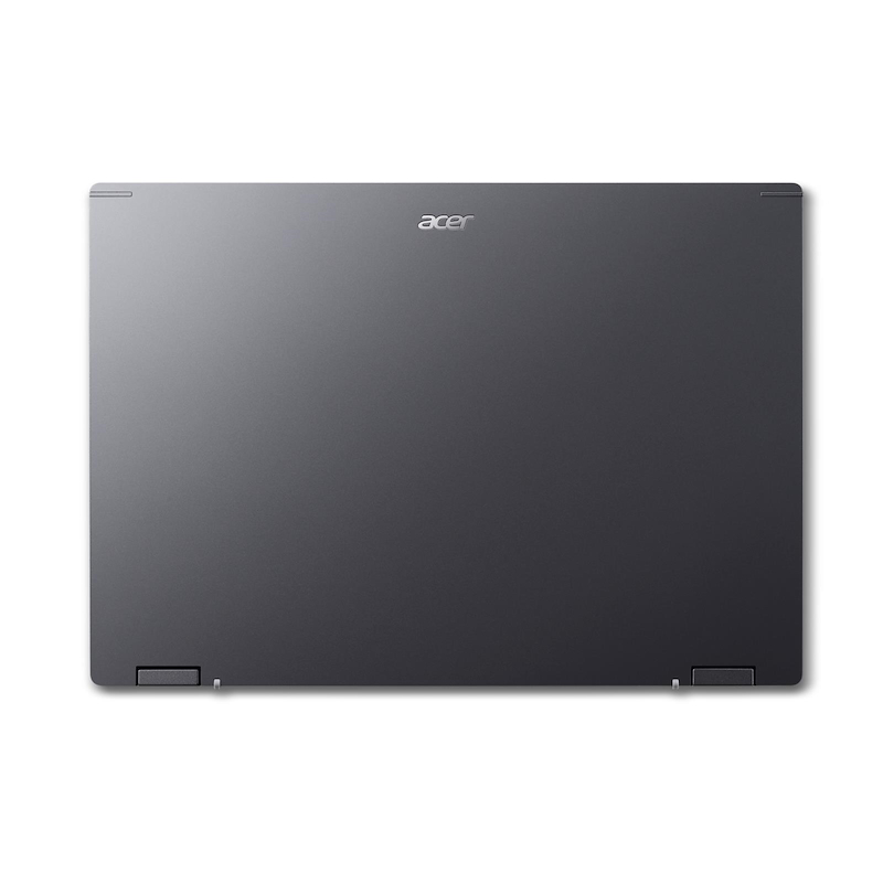 Parte inferior de la computadora portátil cerrada. Color gris. Logotipo de Acer en la tapa. Bisagras negras en la parte trasera.