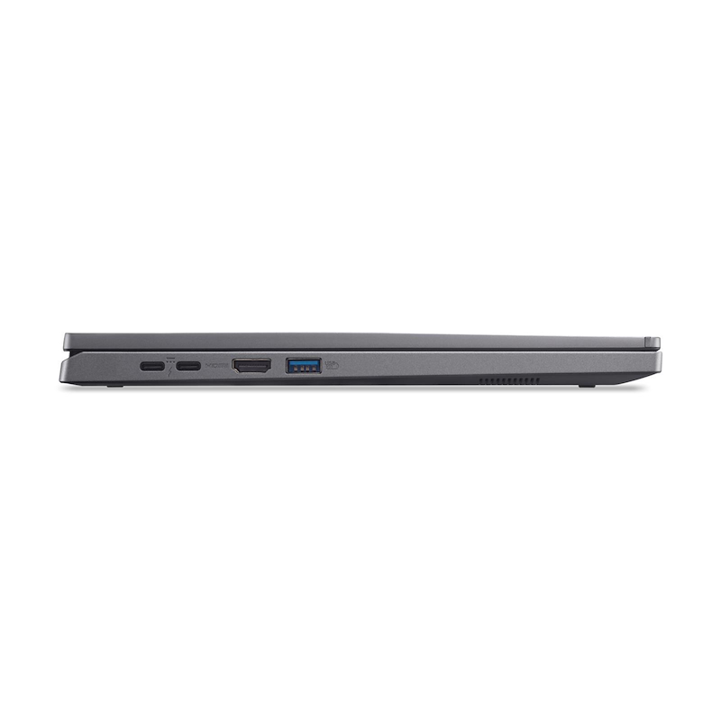 Vista lateral de la computadora portátil. Color gris oscuro. Puertos: USB, HDMI y USB-C. Bisagra negra.