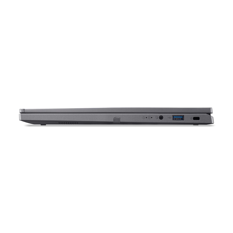 Vista lateral de la computadora portátil. Color gris oscuro. Puertos: USB, HDMI y USB-C. Bisagra negra.