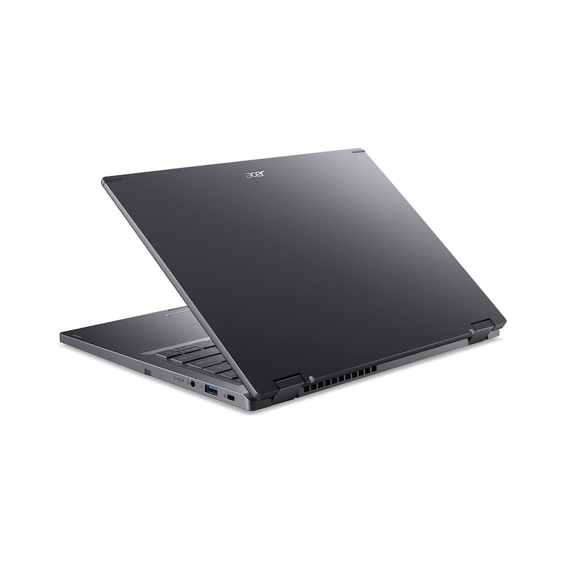 Portátil Acer gris oscuro, ligeramente abierto. Muestra el teclado y la pantalla inclinada hacia arriba.
