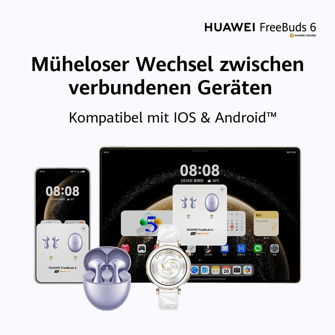 Ein Telefon, Ohrhörer und Smartwatch. Text: Müheloser Wechsel zwischen verbundenen Geräten.