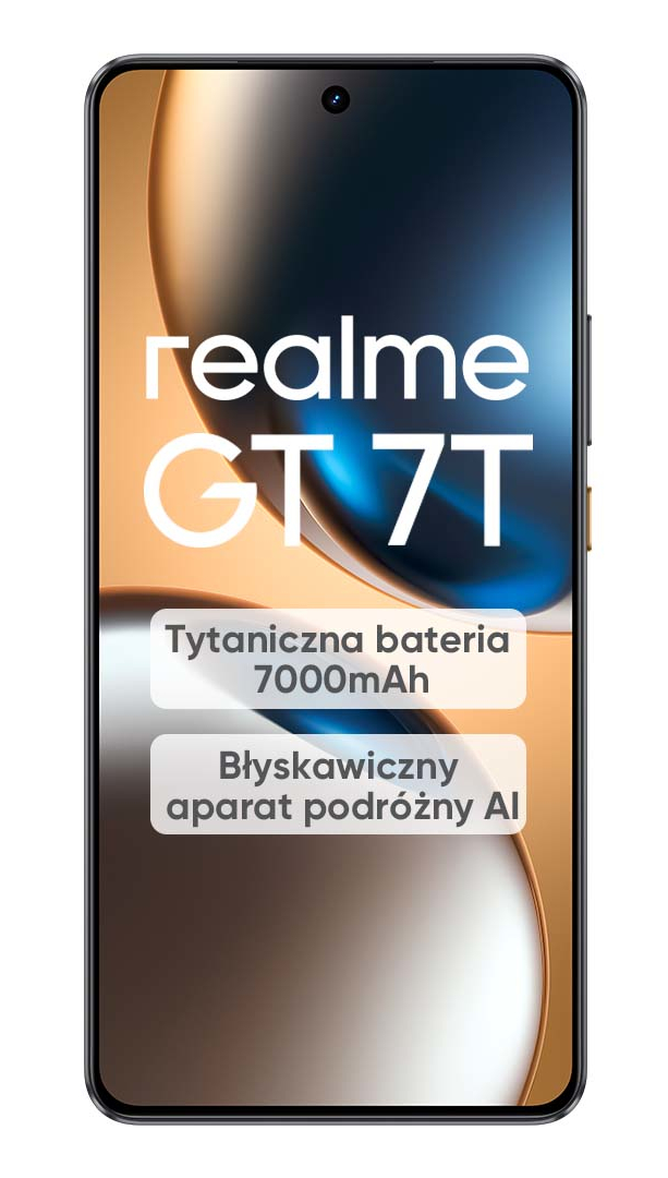 Widok z przodu telefonu Realme GT 7T, pomarańczowe gradientowe tło. Tekst: Titaniczna bateria 7000mAh, Błyskawiczny aparat podróżny.