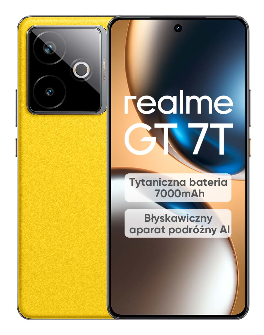 Telefon Realme GT 7T, żółty tył, podwójny aparat, pomarańczowe tło. Tekst: Titaniczna bateria 7000mAh, Błyskawiczny aparat podróżny.