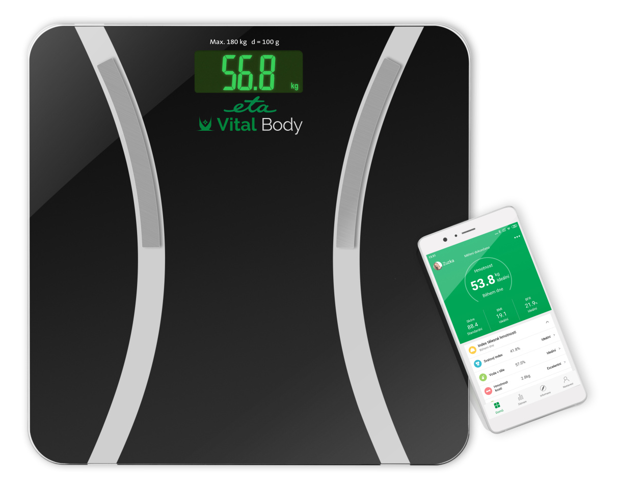Fekete digitális mérleg, okostelefonnal, ami súlyadatokat mutat. A mérlegen 56,8 kg-ot jelenít meg.