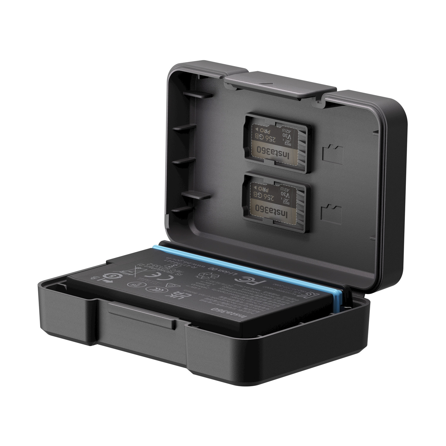 Batteria per fotocamera Insta360 in un astuccio grigio, con due schede SD visibili.