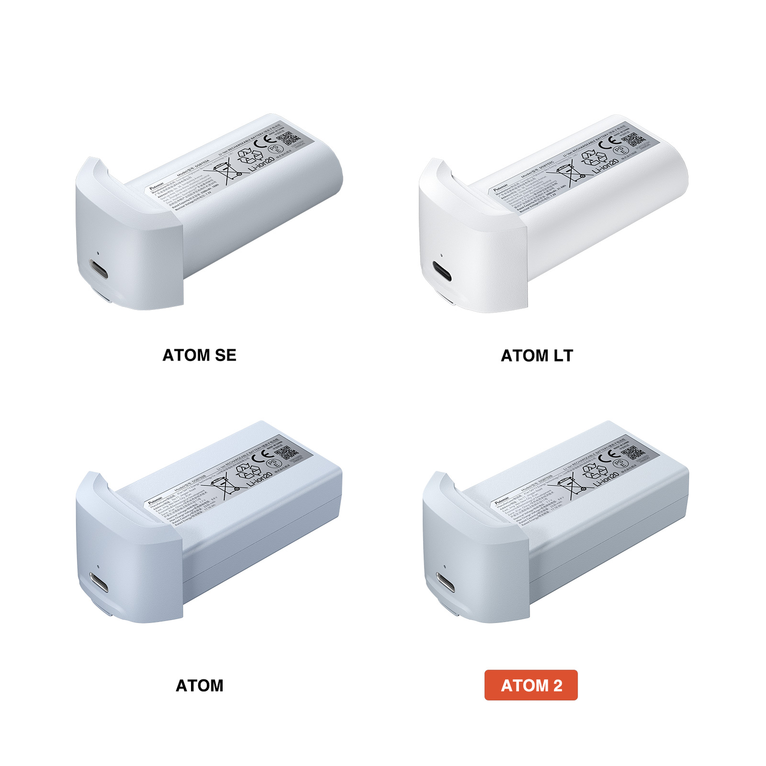 Quatre batteries de drone blanches étiquetées ATOM SE, LT, ATOM et ATOM 2.