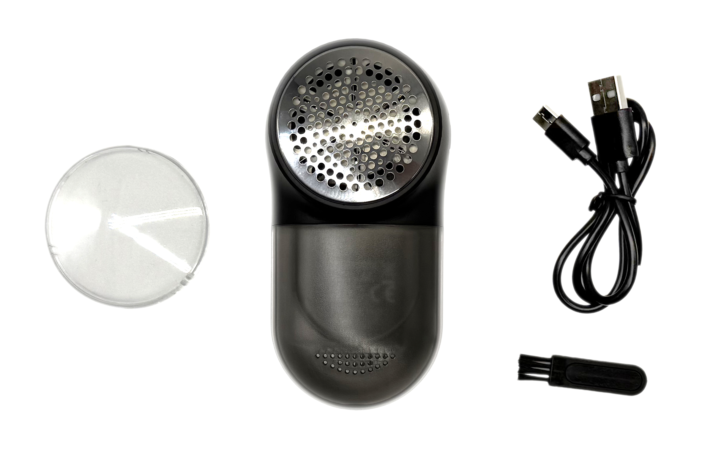 Fusselentferner, schwarz und grau, mit Zubehör. Enthält eine transparente Abdeckung, ein USB-Kabel und eine Reinigungsbürste.
