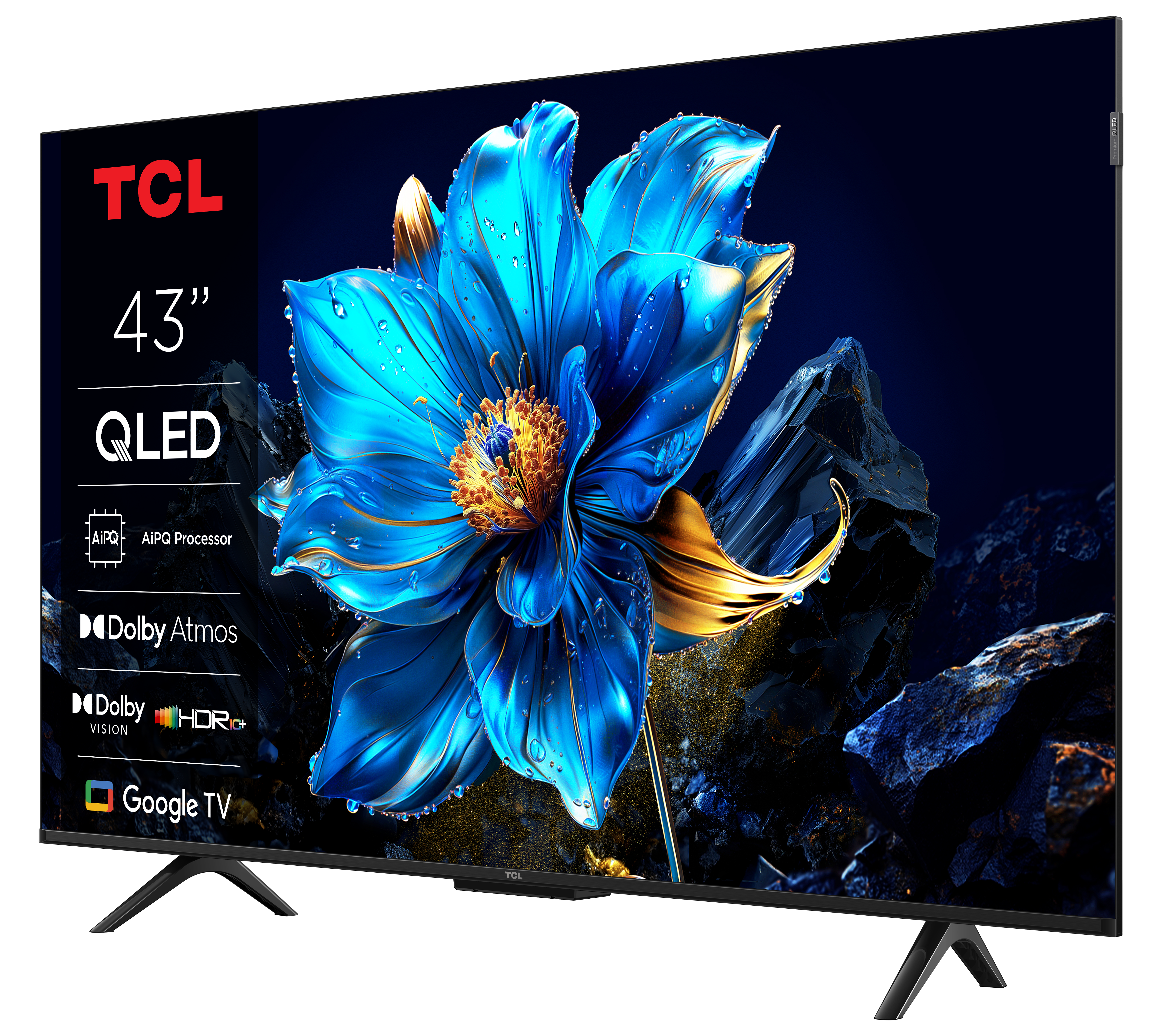 Telewizor TCL 43" QLED z niebieskim kwiatowym wyświetlaczem. Posiada Dolby Atmos i Vision. Czarna ramka i podstawa.