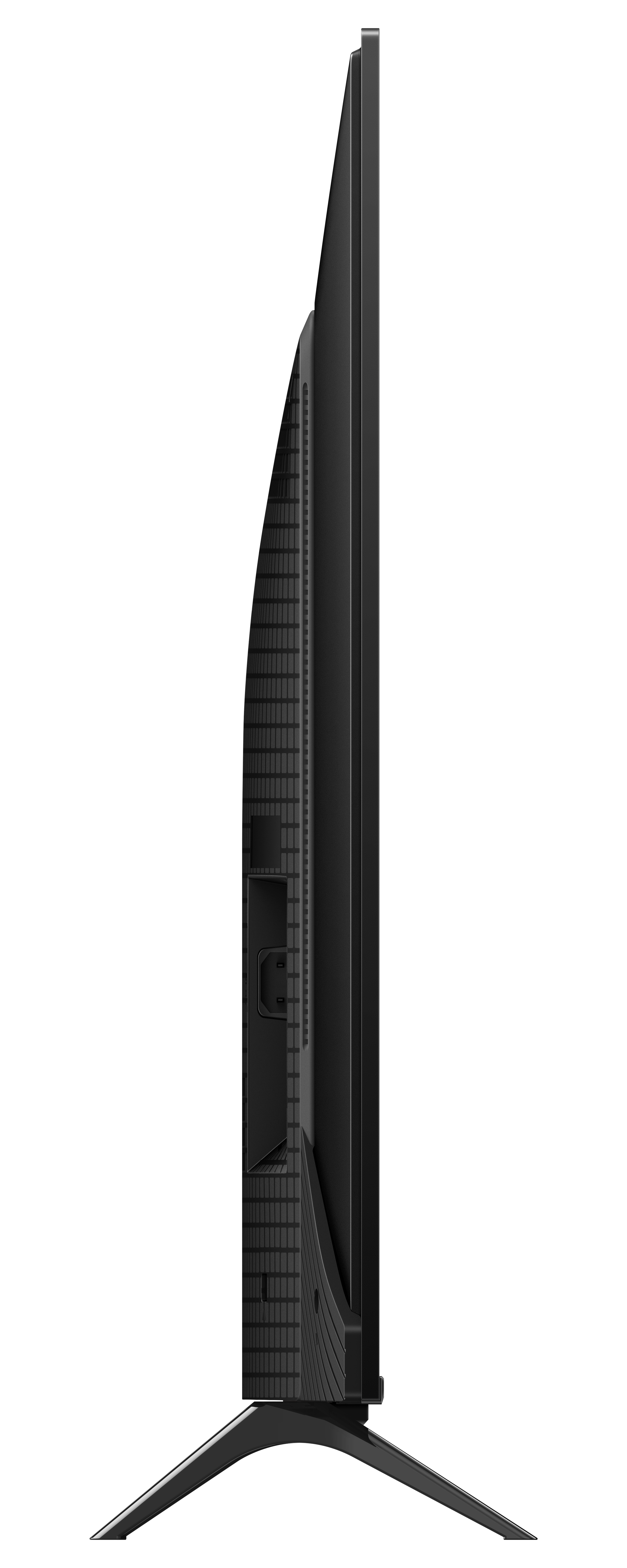 Widok z boku czarnego telewizora TCL. Bok ma teksturowany panel z portami i podstawą u dołu.