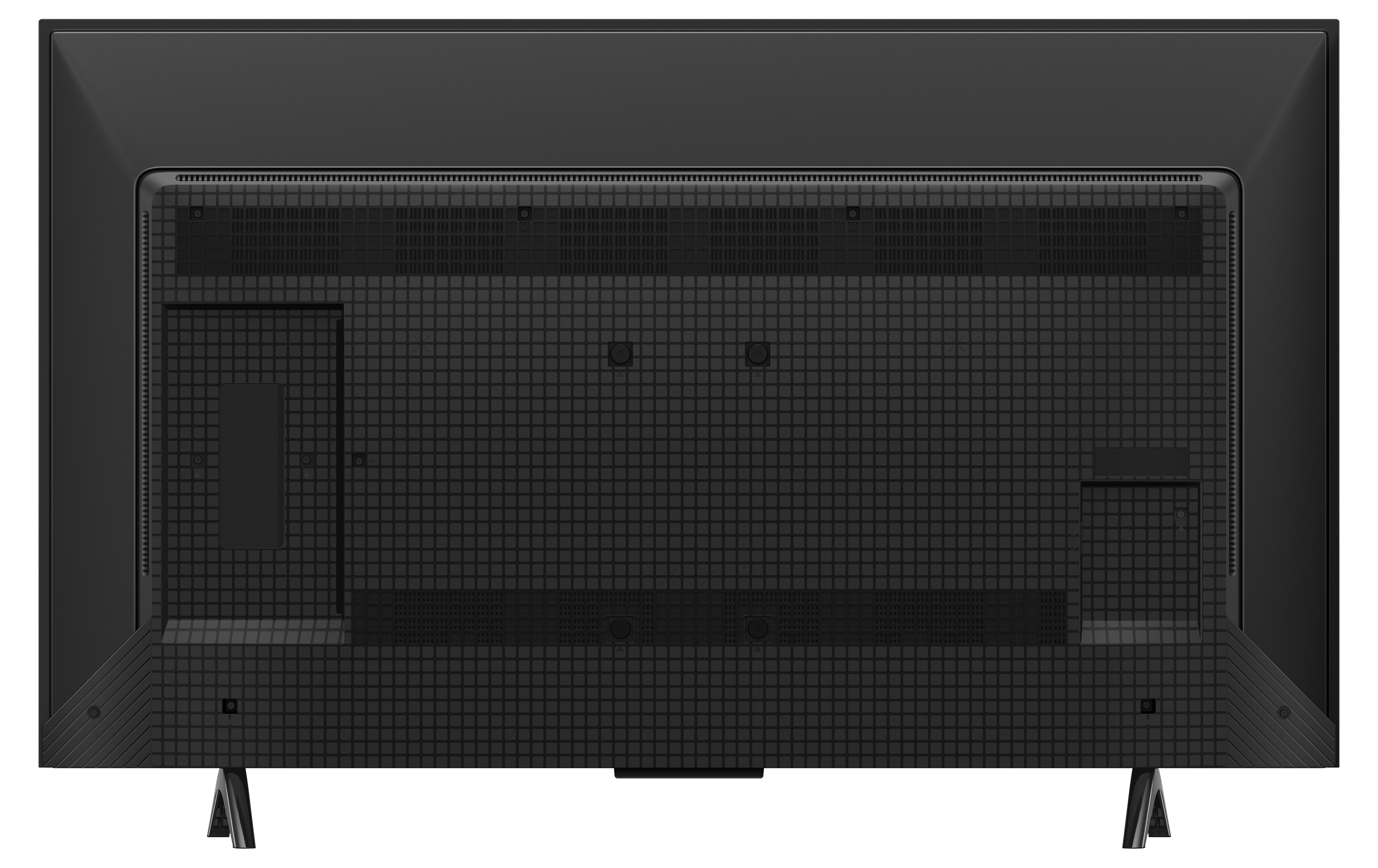 Tył czarnego telewizora TCL z wzorem kratki i podstawą. Ma kilka otworów wentylacyjnych.
