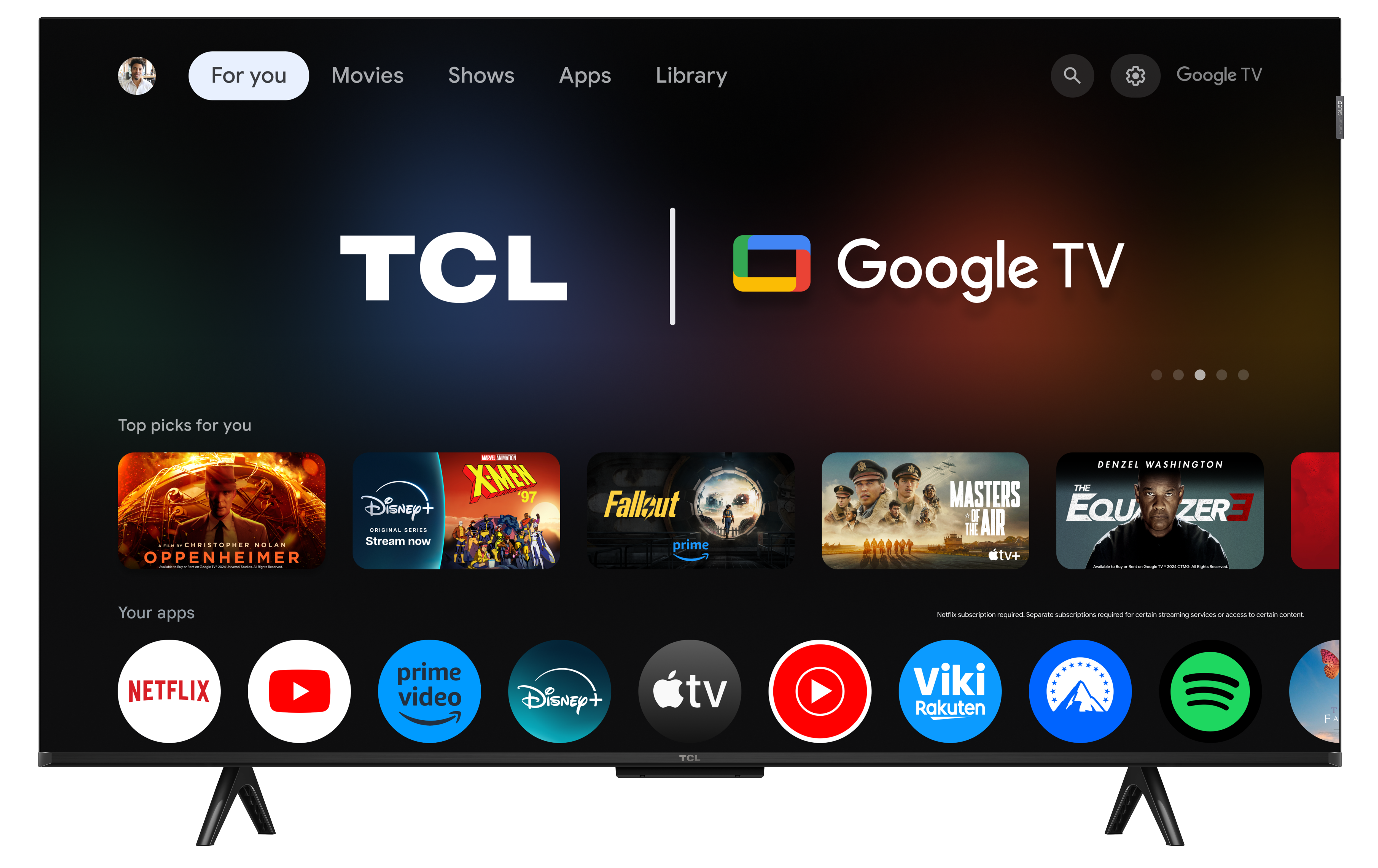 Ekran TCL Google TV, wyświetlający menu z aplikacjami. Pokazuje Netflix, YouTube i inne aplikacje.