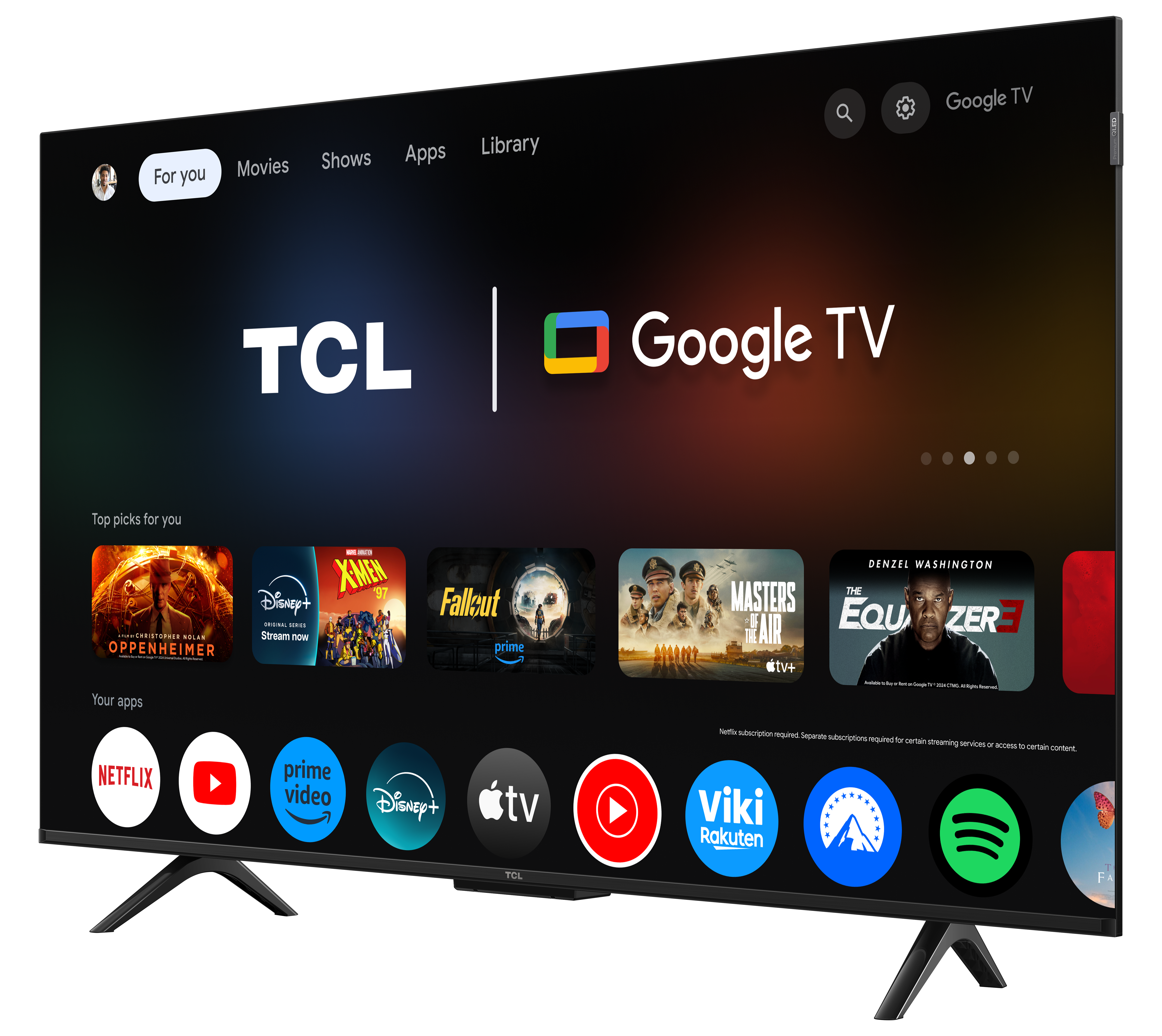 Ekran TCL Google TV, wyświetlający menu z aplikacjami. Pokazuje Netflix, YouTube i inne aplikacje.