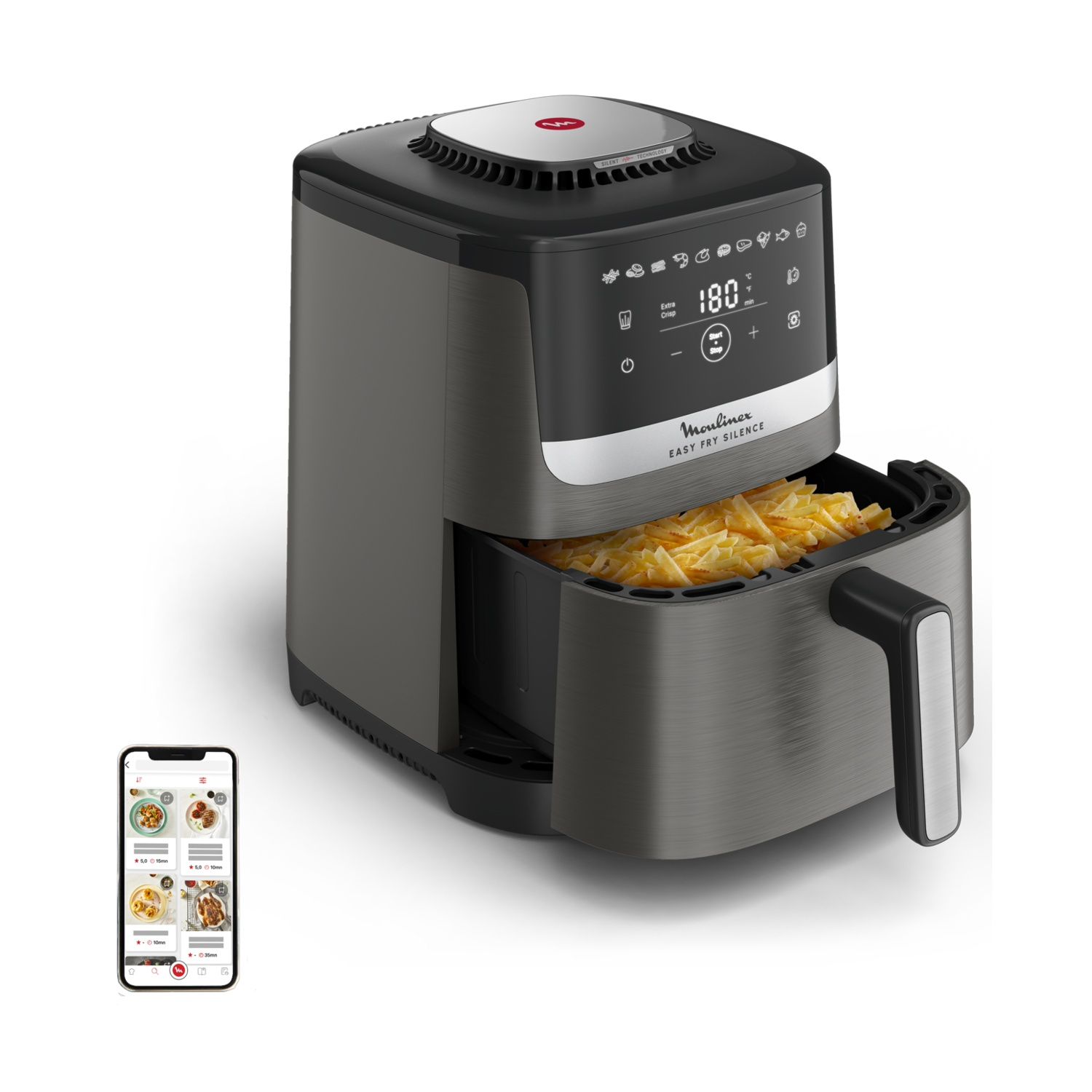 Friggitrice ad aria con cassetto aperto. Contiene patatine fritte. Elettrodomestico da cucina moderno, esterno grigio.