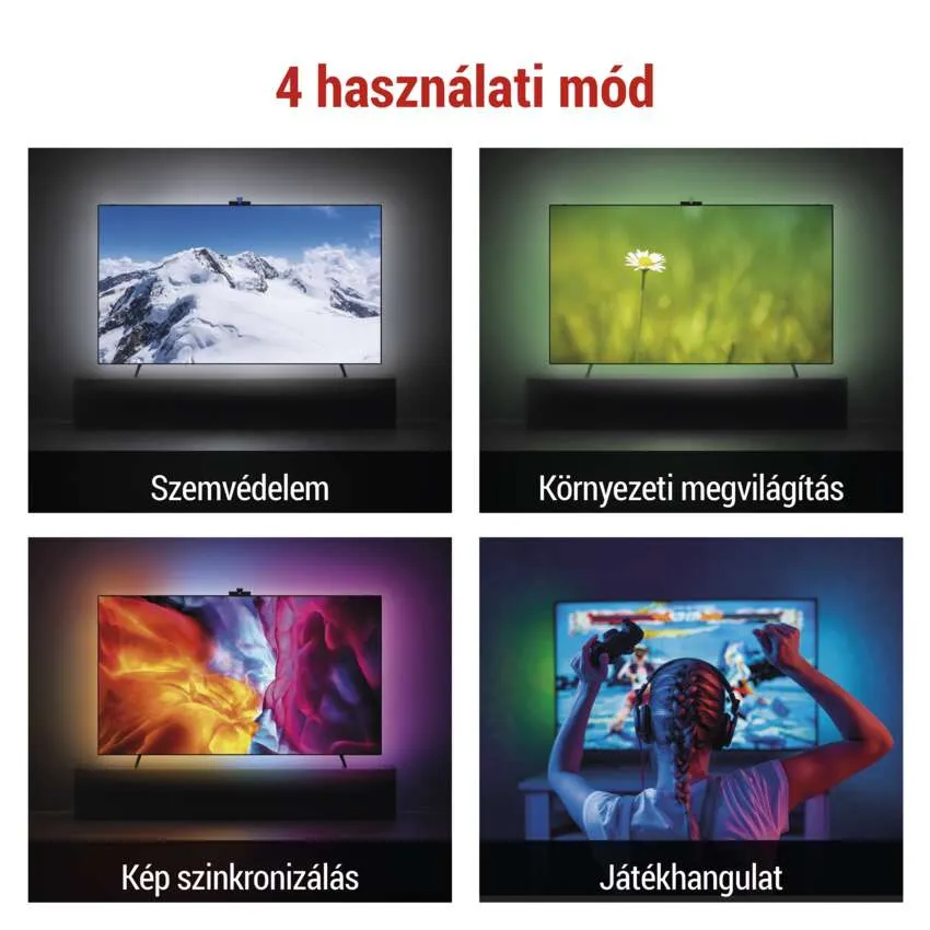 Négy kép, mely különböző TV-környezeti fény módokat mutat.