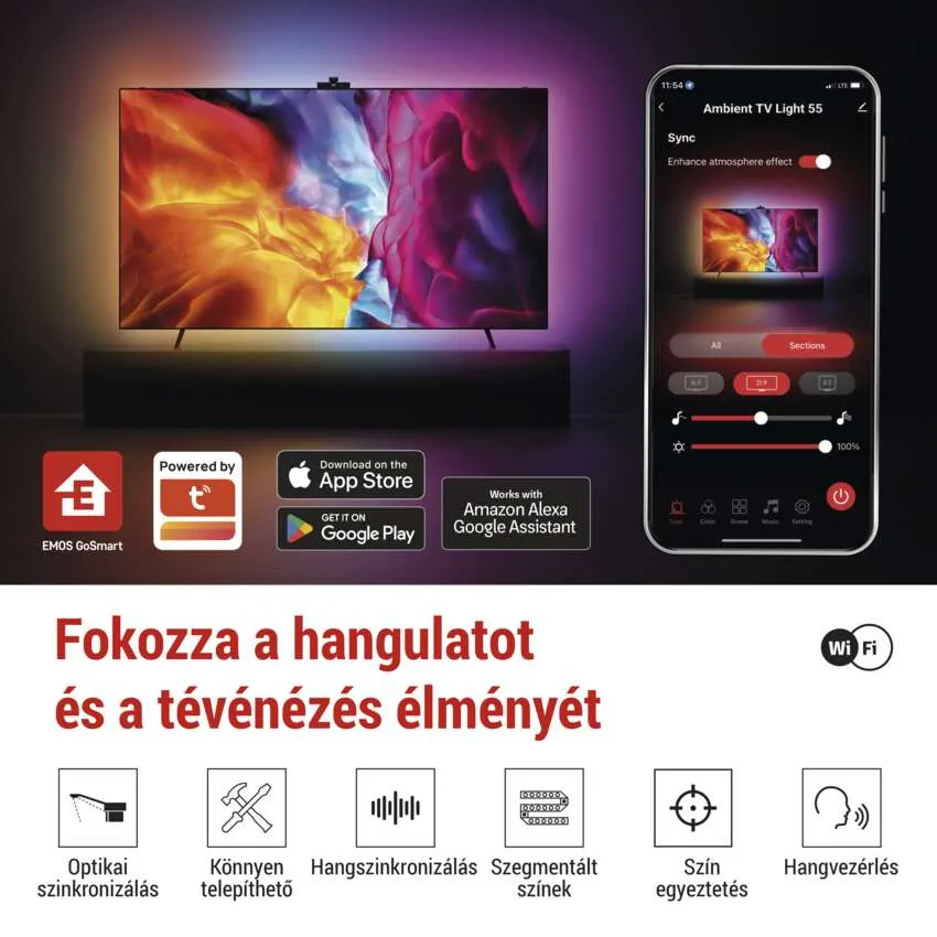 Egy TV és egy okostelefon Ambient TV Light 55 alkalmazás felülettel, valamint alkalmazás- és Alexa integrációs ikonokkal.