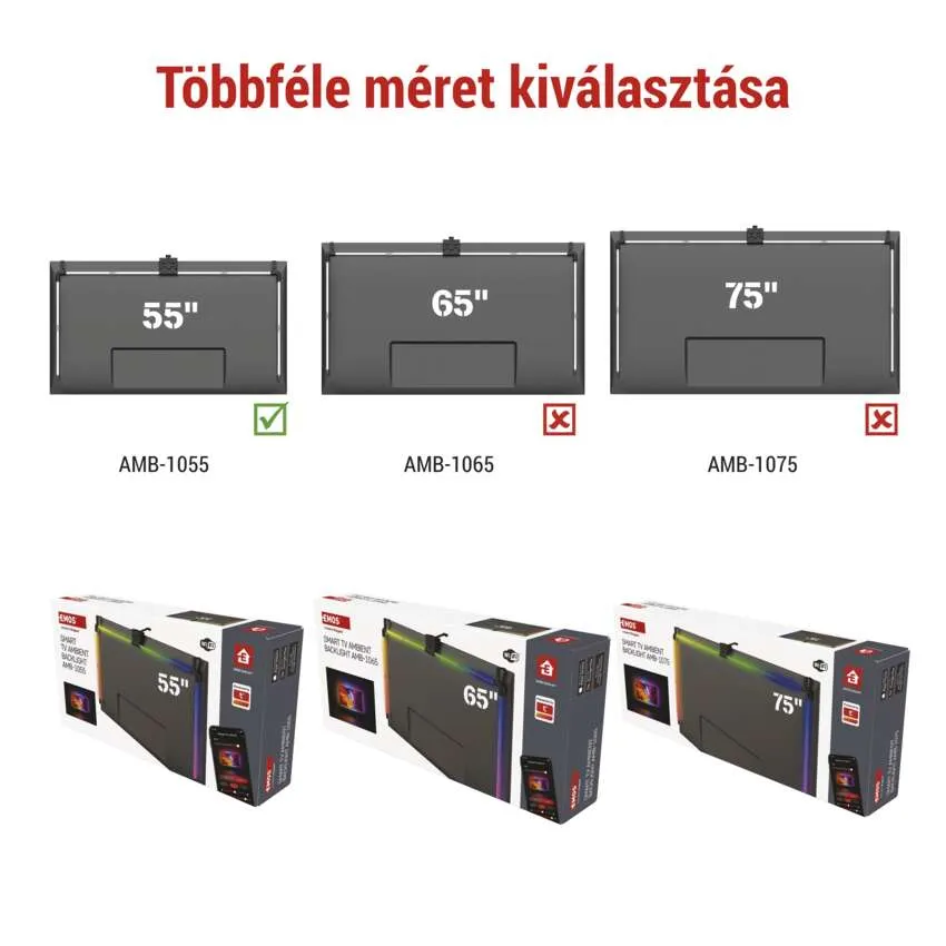 A kijelző 55", 65" és 75" TV-méretet mutat termékdobozokkal.
