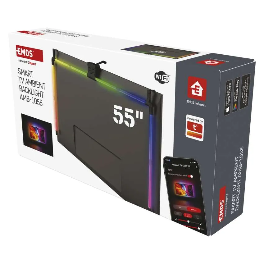 Dobozos 55"-os smart TV, környezeti háttérvilágítással, telefonos applikációval, EMOS logóval.